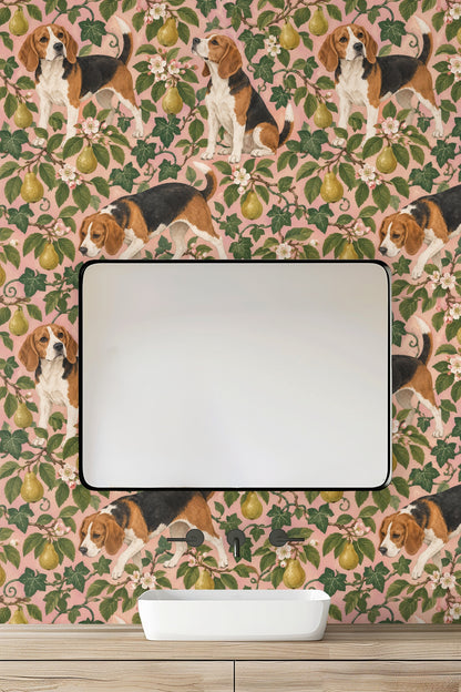 Pear tree branches with hanging fruit and white blossoms intertwined with beagle dogs on wallpaper.