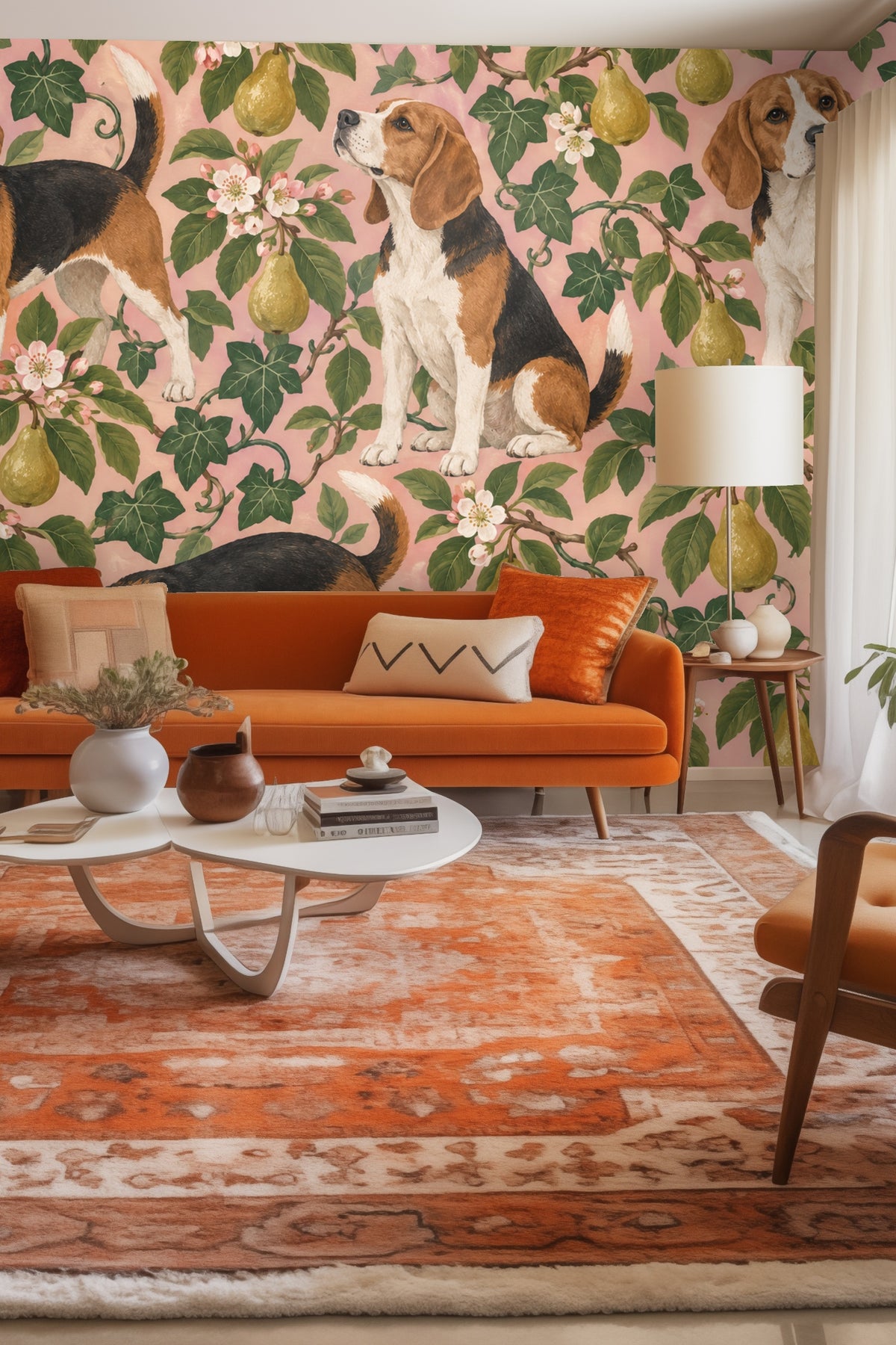 Living room with an orange sofa and wallpaper featuring beagles and pears on a pink background.