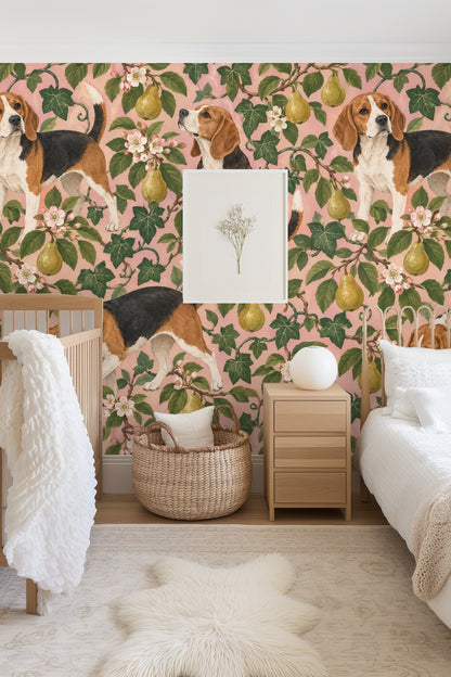Wallpaper pattern detail showing realistic beagle dog and pear fruit with green leaves on a soft pink ground.
