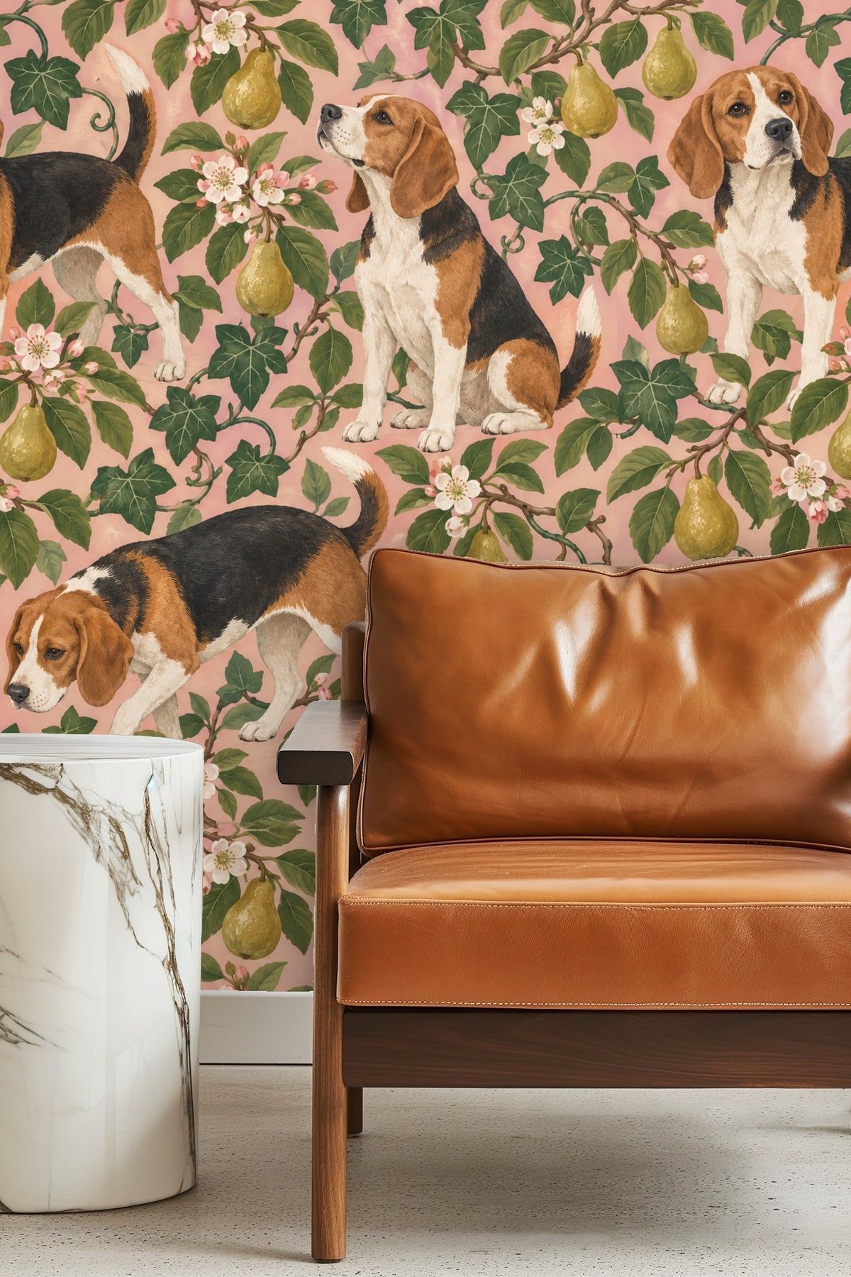 Detailed artwork of three beagle dogs among pear branches, pears, and flowers on a pink background.