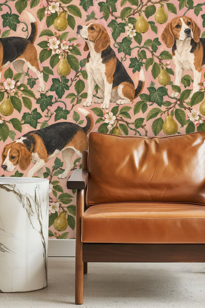 Detailed artwork of three beagle dogs among pear branches, pears, and flowers on a pink background.