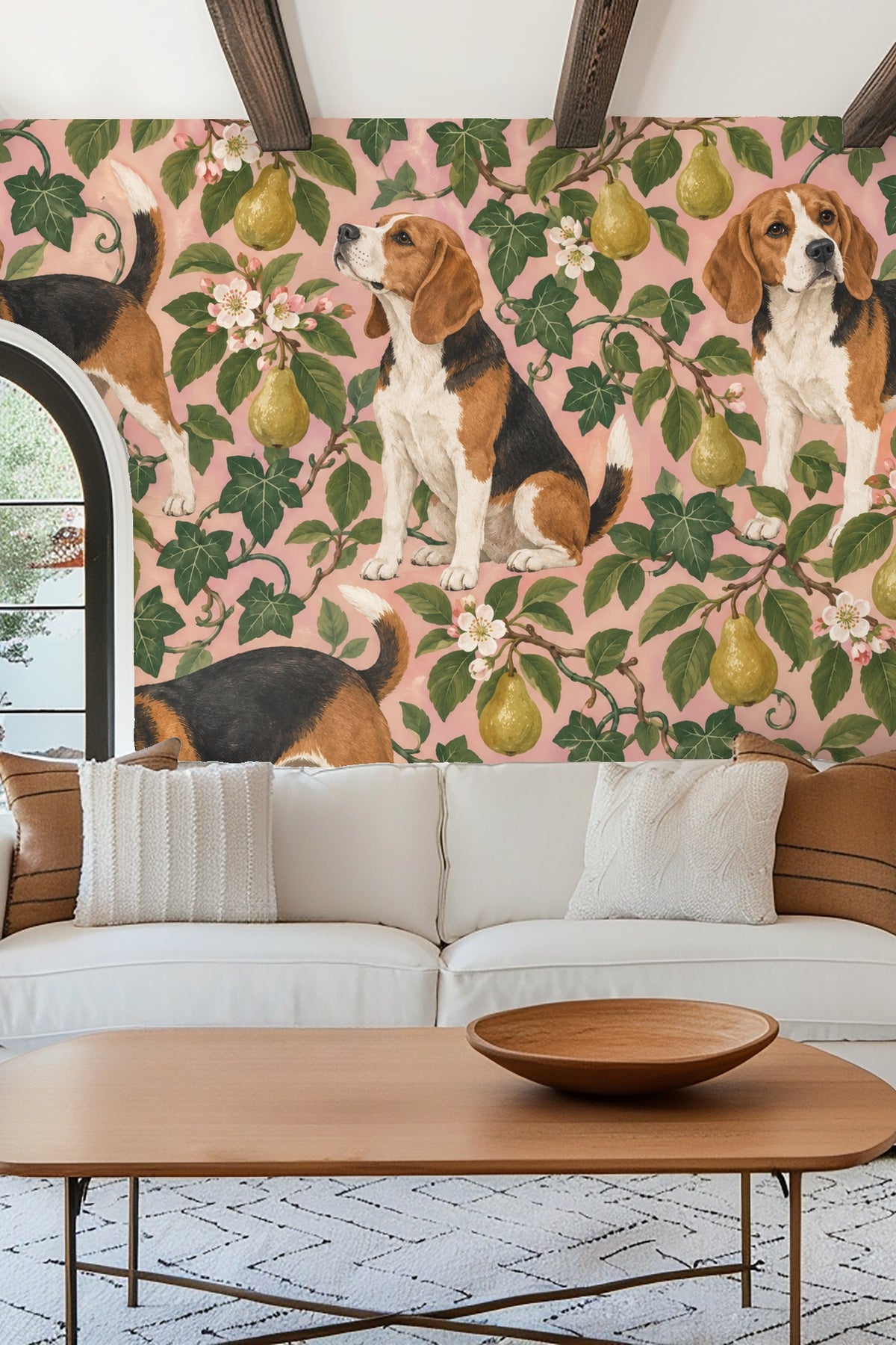 Composition of pear fruits, blossoms, and attentive beagle dogs in a hand-painted style on wallpaper.