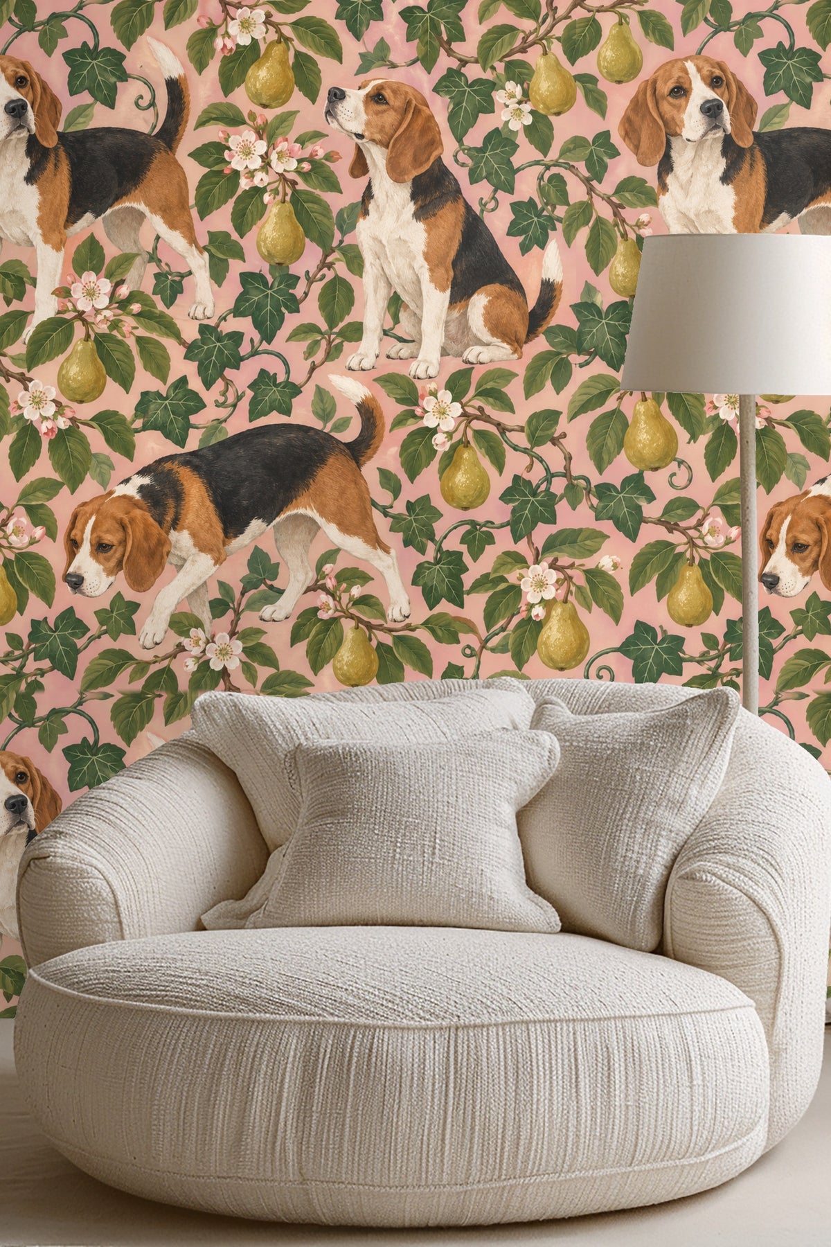 Warm palette wallpaper with soft pink base and green pear leaves framing detailed beagle illustrations.