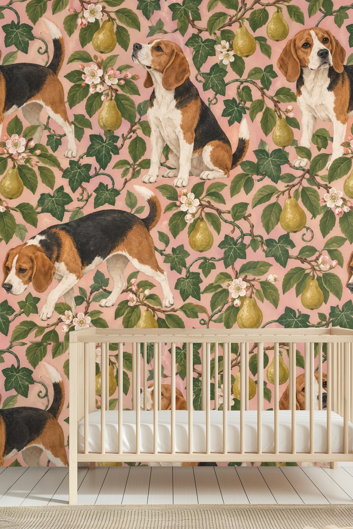 Pattern repeat of beagles sniffing and sitting amid pear orchard branches and flowers on wallpaper.
