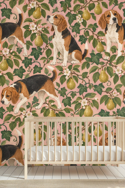 Pattern repeat of beagles sniffing and sitting amid pear orchard branches and flowers on wallpaper.