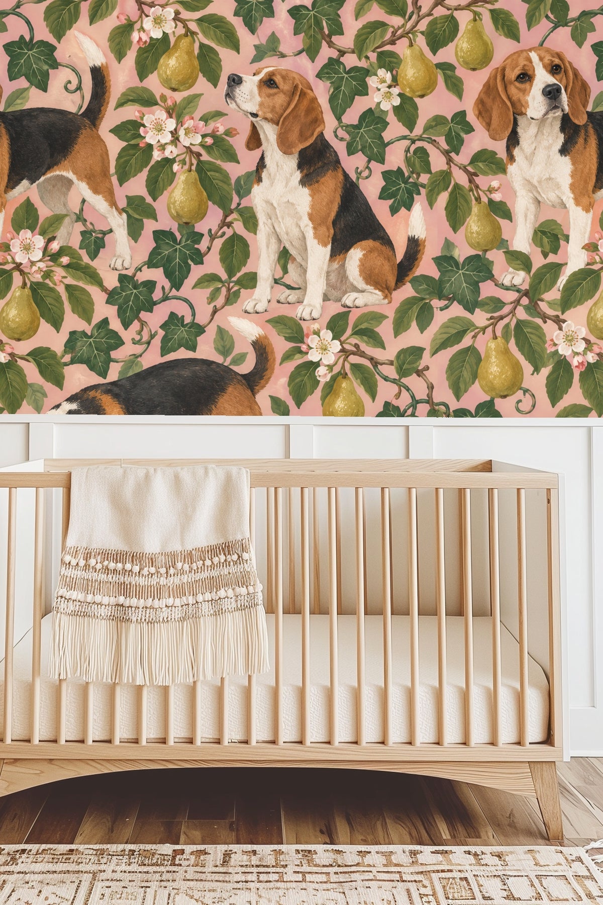 Living room scene highlighting wallpaper as bold accent mural behind minimalist furniture.