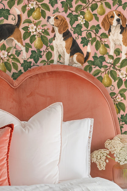 Artistic wallpaper featuring three tricolor beagle dogs interacting with botanical pear elements.