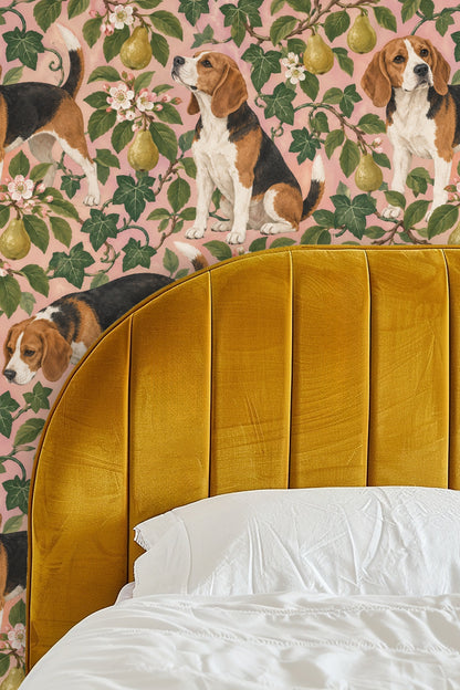 Close-up of a leather chair beside wallpaper showing beagles and pear branches with flowers on pink.