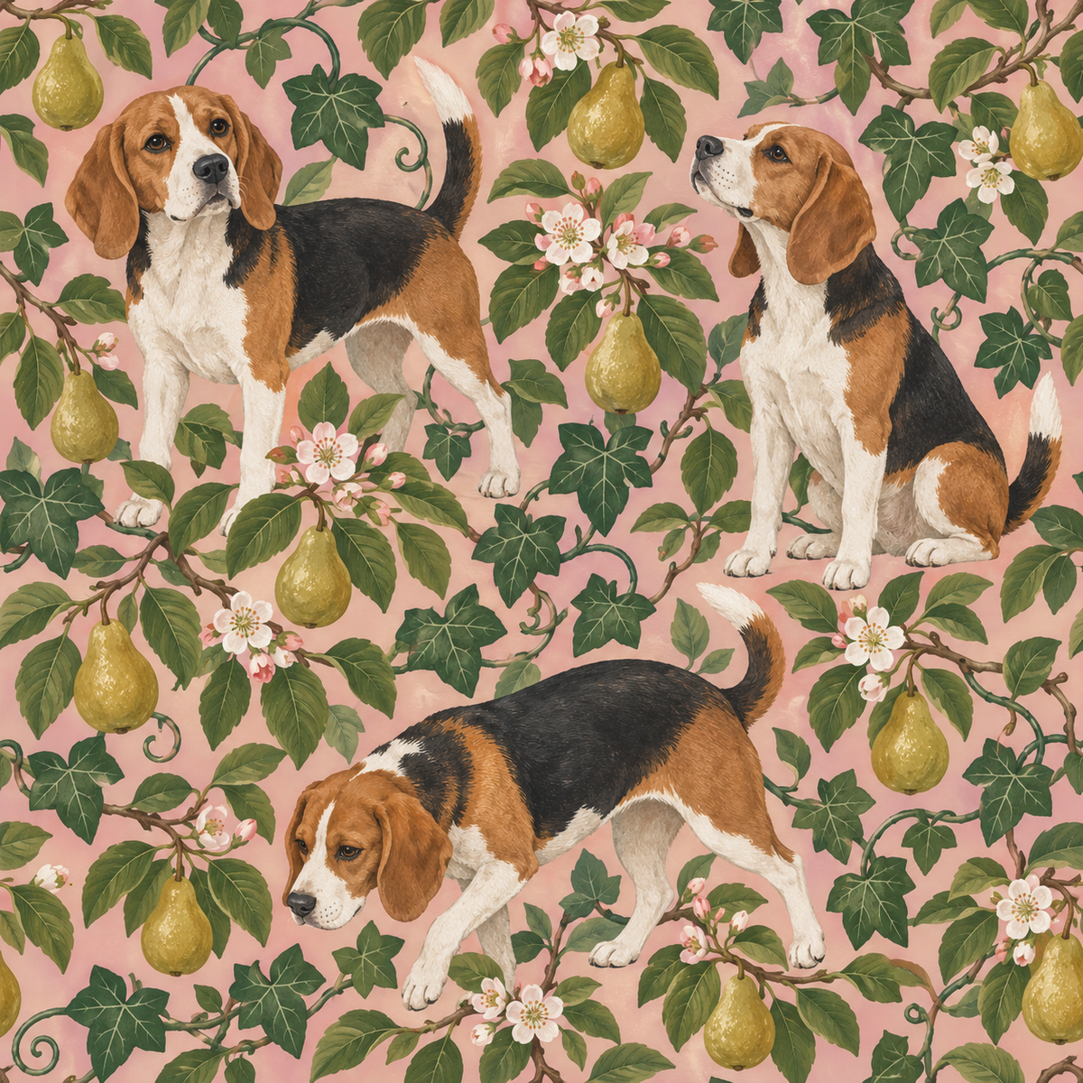 Close view of the tri-color beagles and ripe pears forming a naturalistic and lively wallpaper pattern.