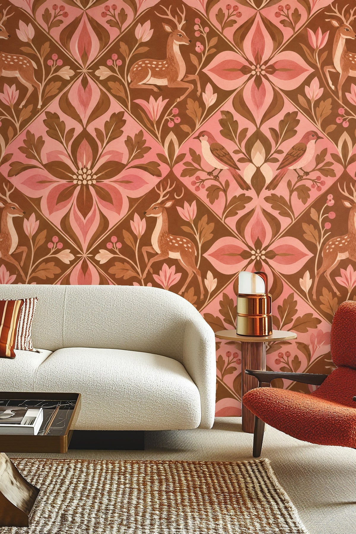 Petal Dobby Mosaic original wallpaper artwork with deer and floral diamond pattern