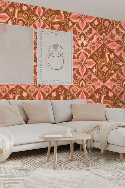 Prairie Blooms and Deer wallpaper shown in an interior setting