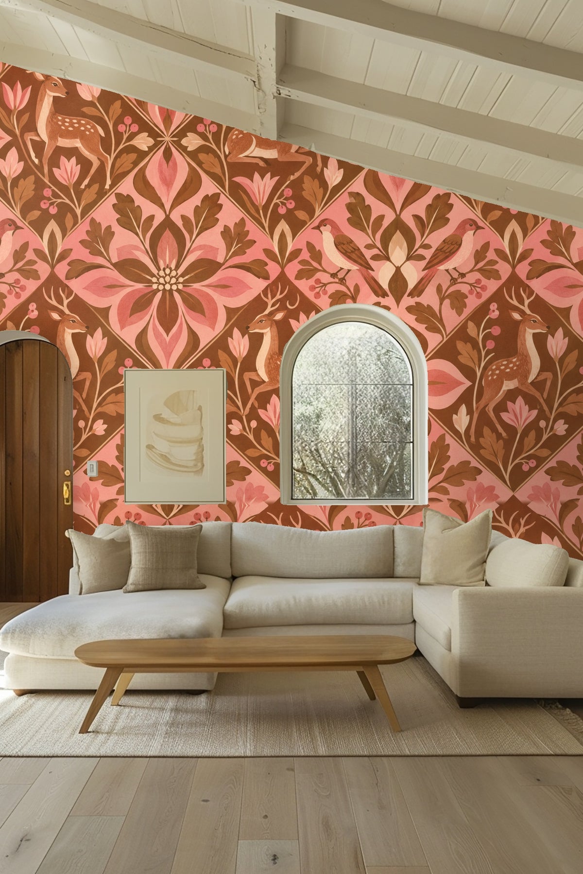 Bedroom wall with pink headboard accented by Petal Dobby Mosaic wallpaper
