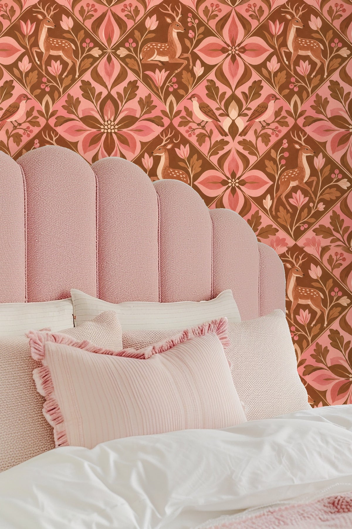 Living room wall covered with Petal Dobby Mosaic wallpaper showing scale and atmosphere