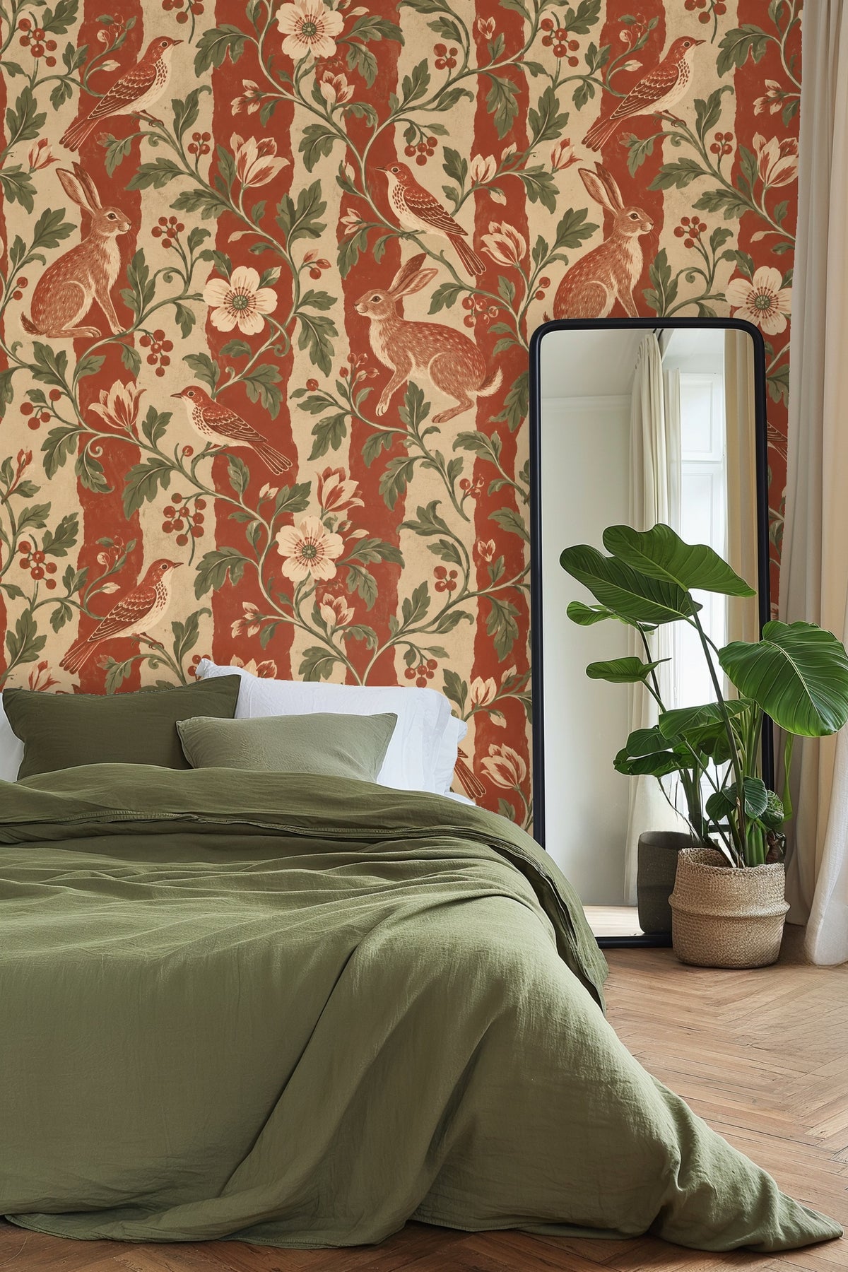Wallpaper pattern featuring hares, songbirds, and botanical vines over wide terracotta and beige stripes