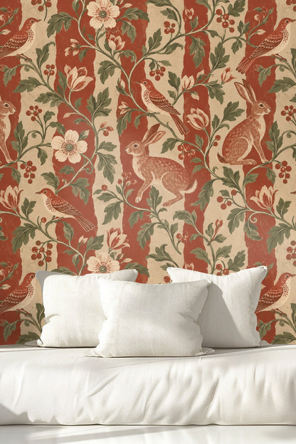 Naturalistic vine leaves curling across striped wallpaper pattern