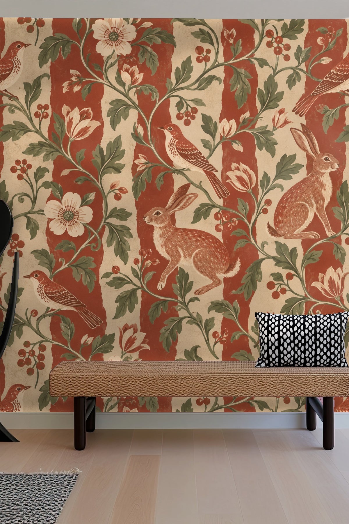 Rustic painted texture of wallpaper stripes contrasted with detailed animal illustrations