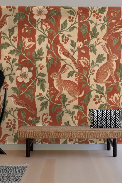 Rustic painted texture of wallpaper stripes contrasted with detailed animal illustrations