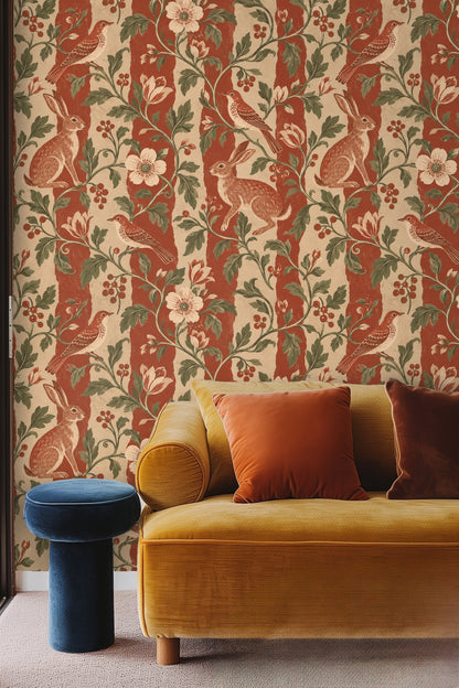 Close-up of hare and bird amidst leafy vines and berries on terracotta striped wallpaper