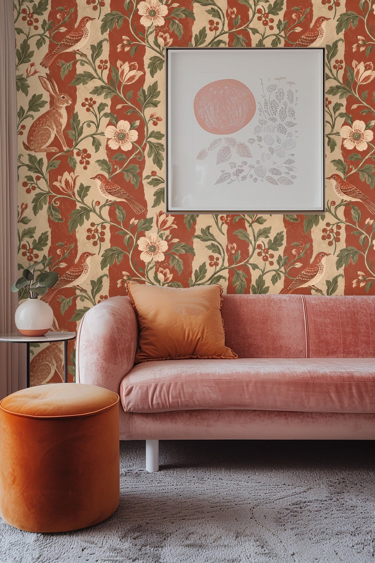 Vertical terracotta and beige stripes forming background for illustrated hares and birds