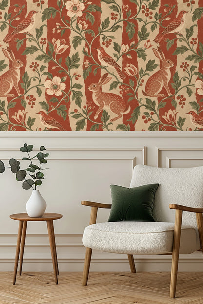 Pair of hares sitting among white flowers and green foliage against striped wallpaper