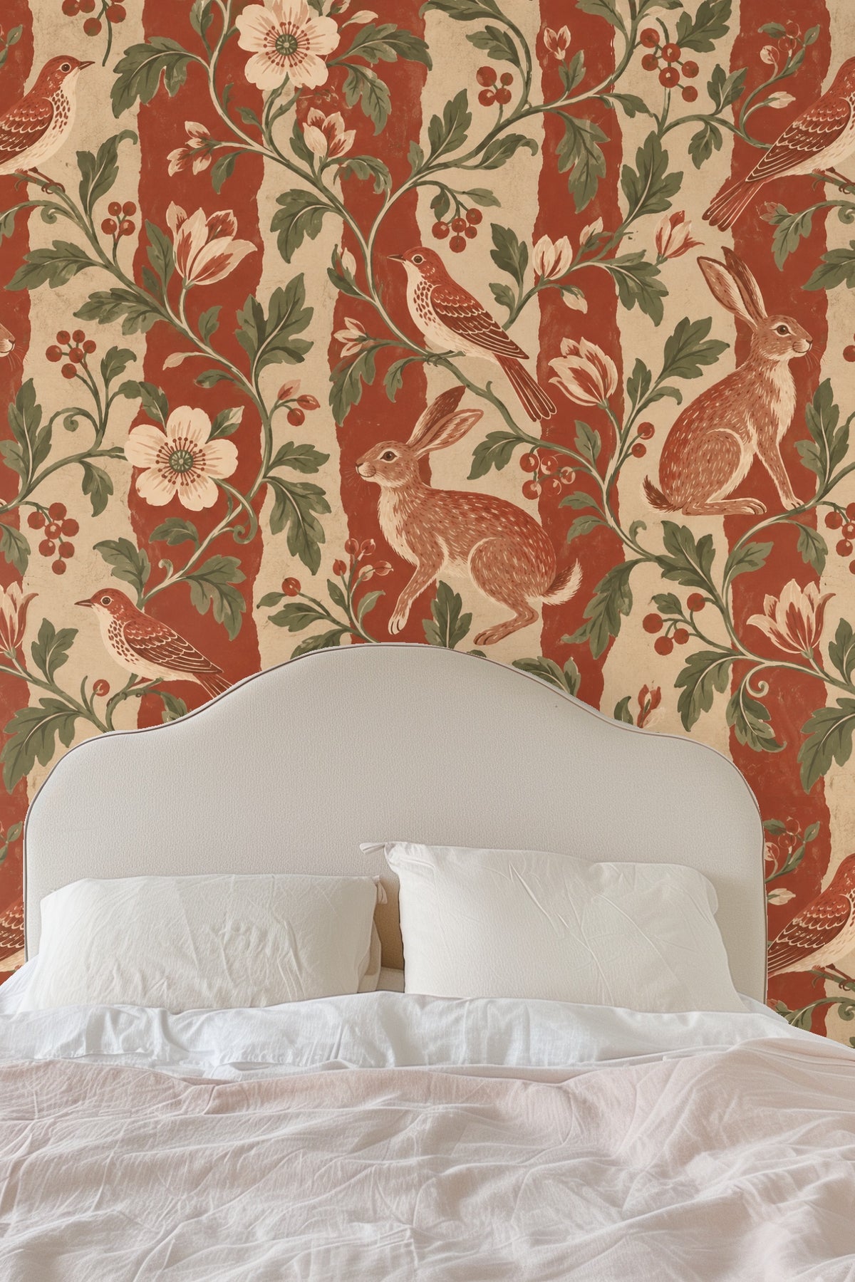 Floral blooms with intricate pistils intertwined with green leaves and tendrils on striped background