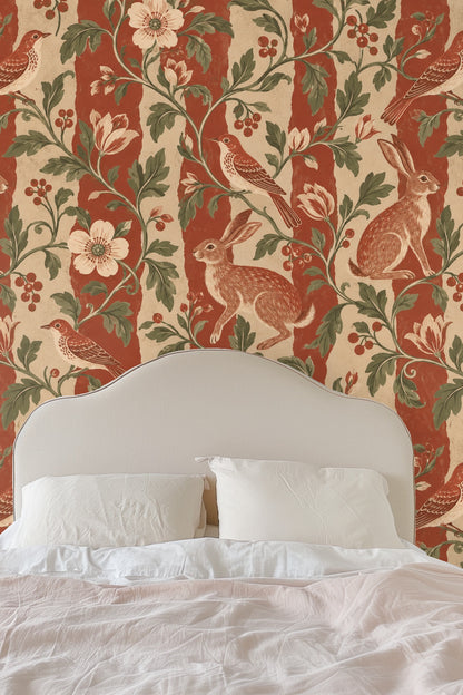 Floral blooms with intricate pistils intertwined with green leaves and tendrils on striped background