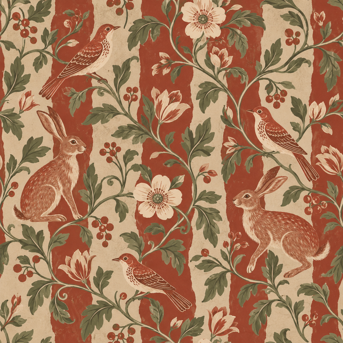 Full repeat of wallpaper pattern with hares, birds, flowers, berries, and leafy vines over stripes