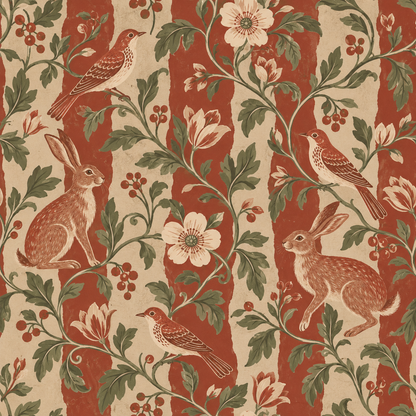 Full repeat of wallpaper pattern with hares, birds, flowers, berries, and leafy vines over stripes