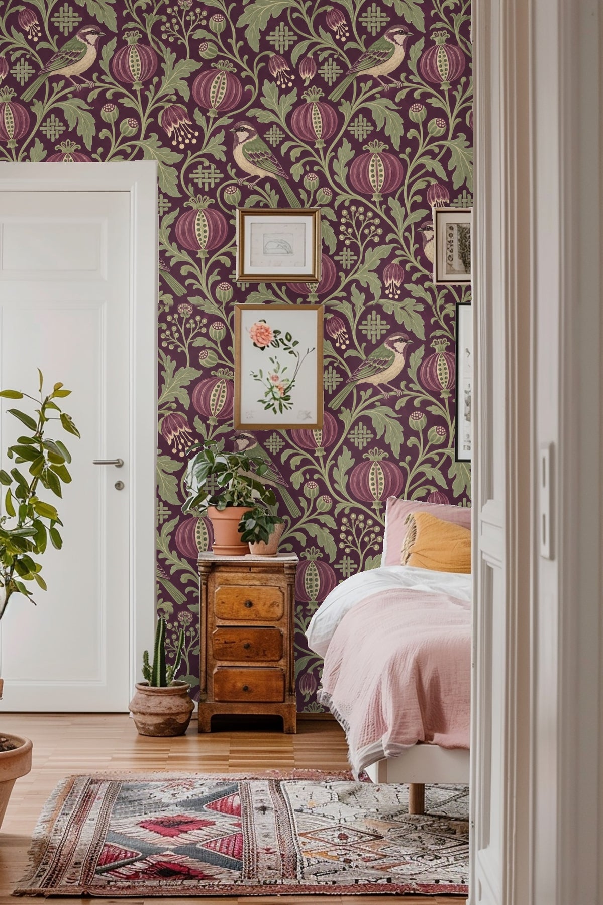 Pomegranate seed pods detail in Damson Seed Weave wallpaper