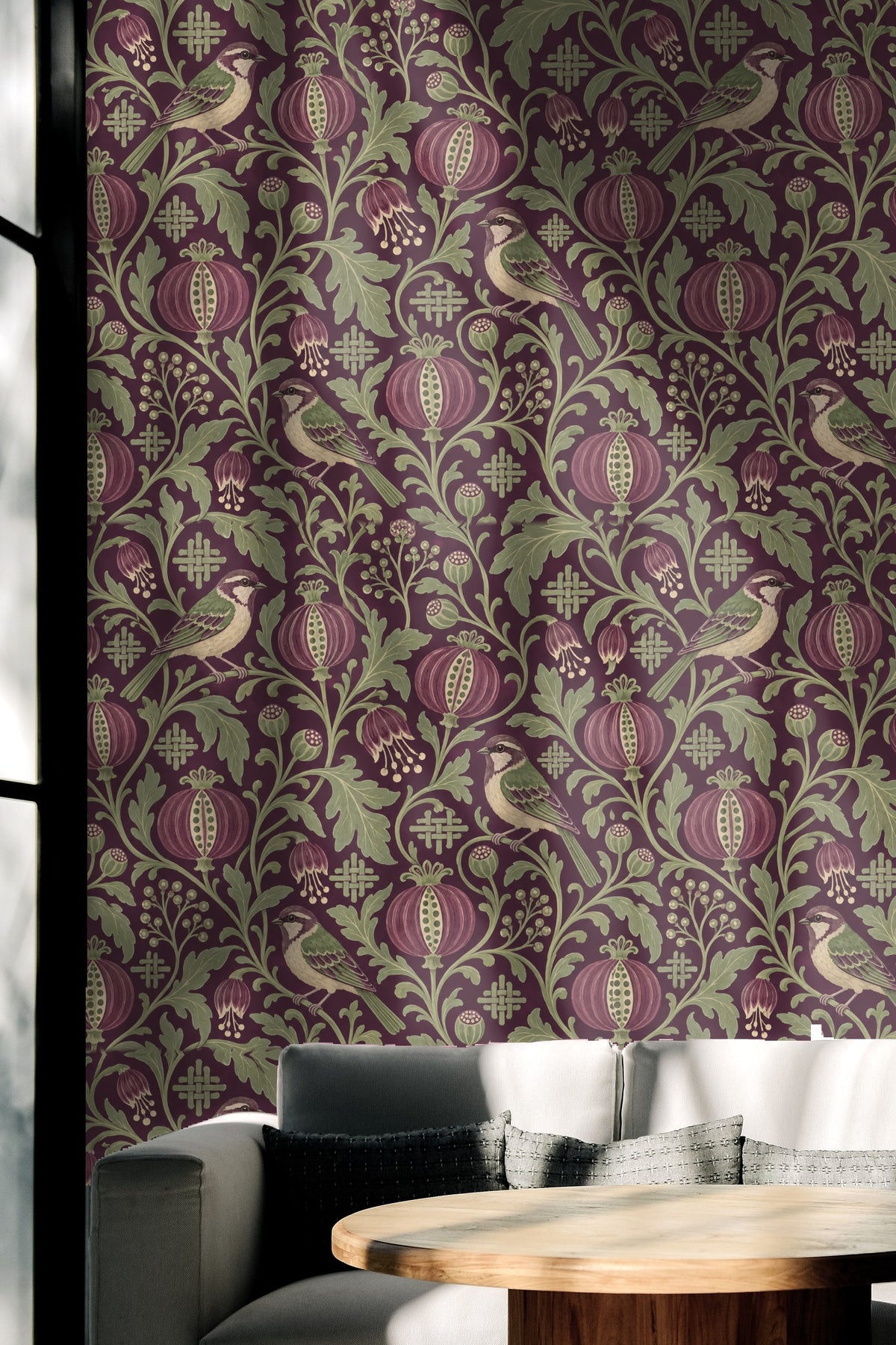 Bedroom window framing Damson Seed Weave wallpaper pattern