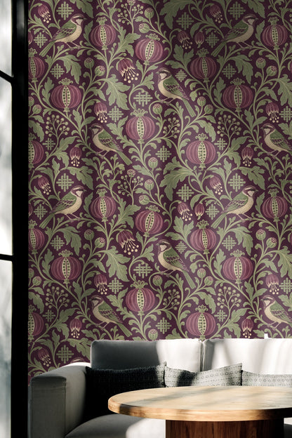 Bedroom window framing Damson Seed Weave wallpaper pattern