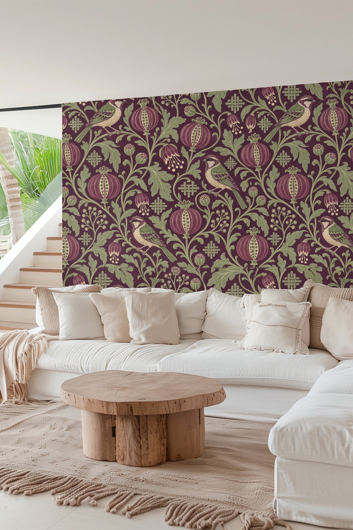 Damson Seed Weave wallpaper pattern showing intertwined berries and floral elements