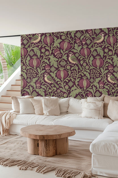 Damson Seed Weave wallpaper pattern showing intertwined berries and floral elements