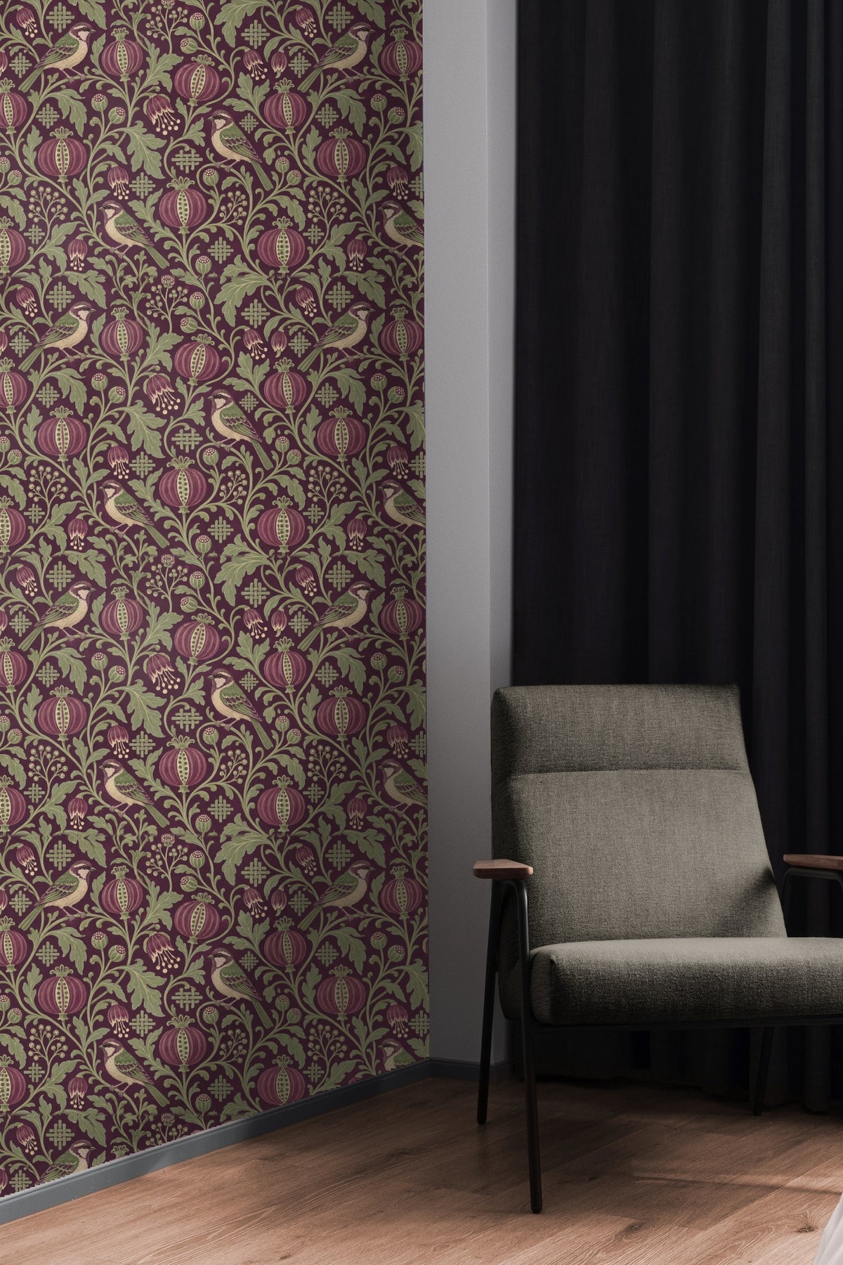 Bird perched on branch motif from Damson Seed Weave design