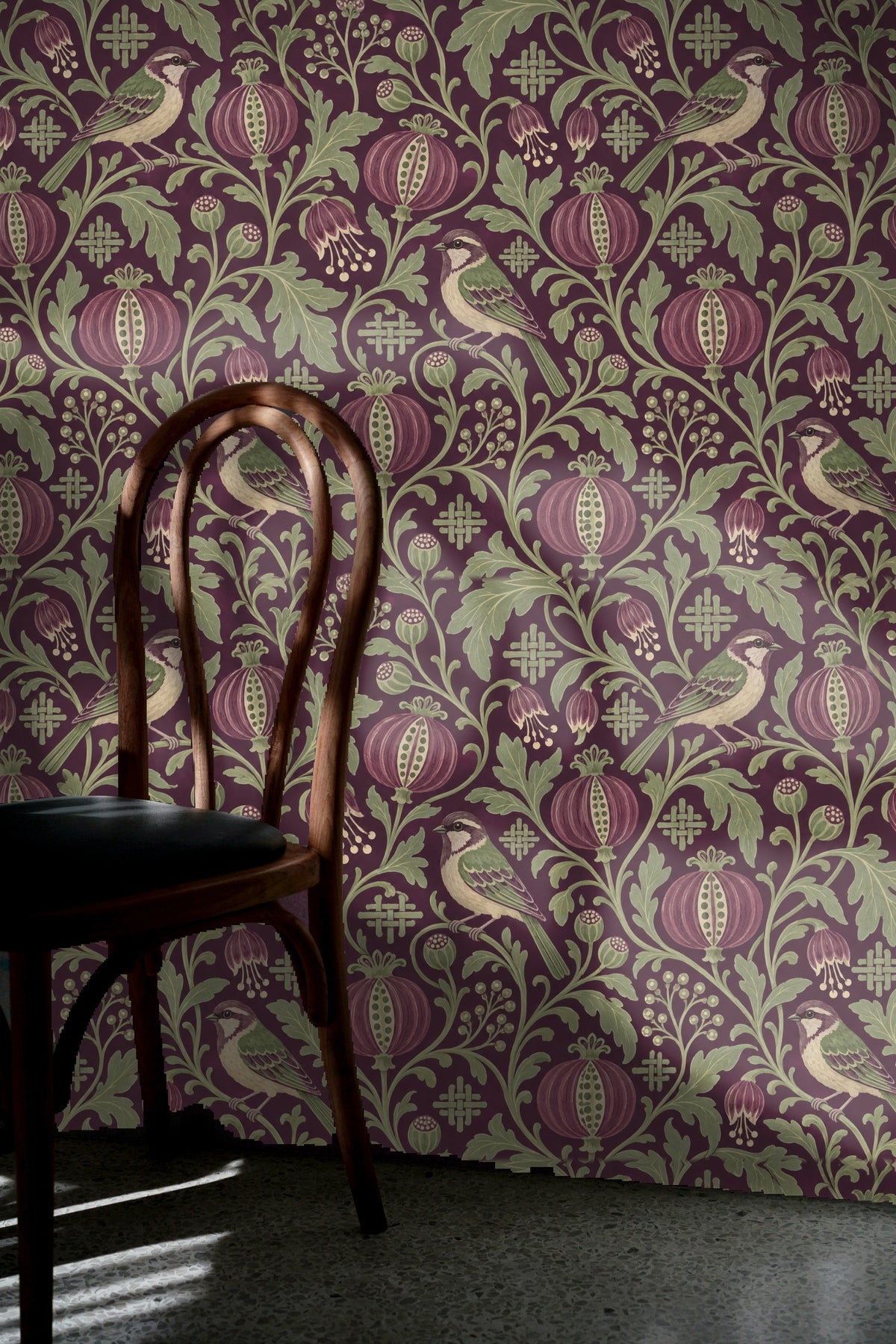 Wallpaper detail emphasizing damson-purple background and pale green foliage