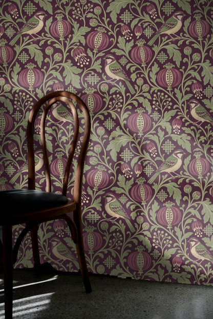 Wallpaper detail emphasizing damson-purple background and pale green foliage