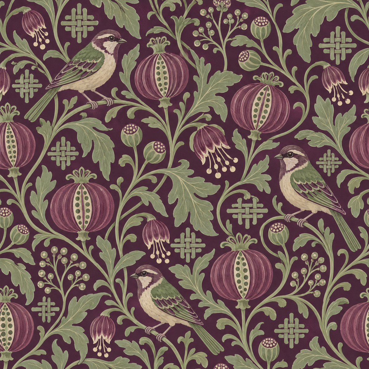 Pattern repeat showing multiple birds perched in Damson Seed Weave