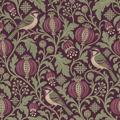 Pattern repeat showing multiple birds perched in Damson Seed Weave