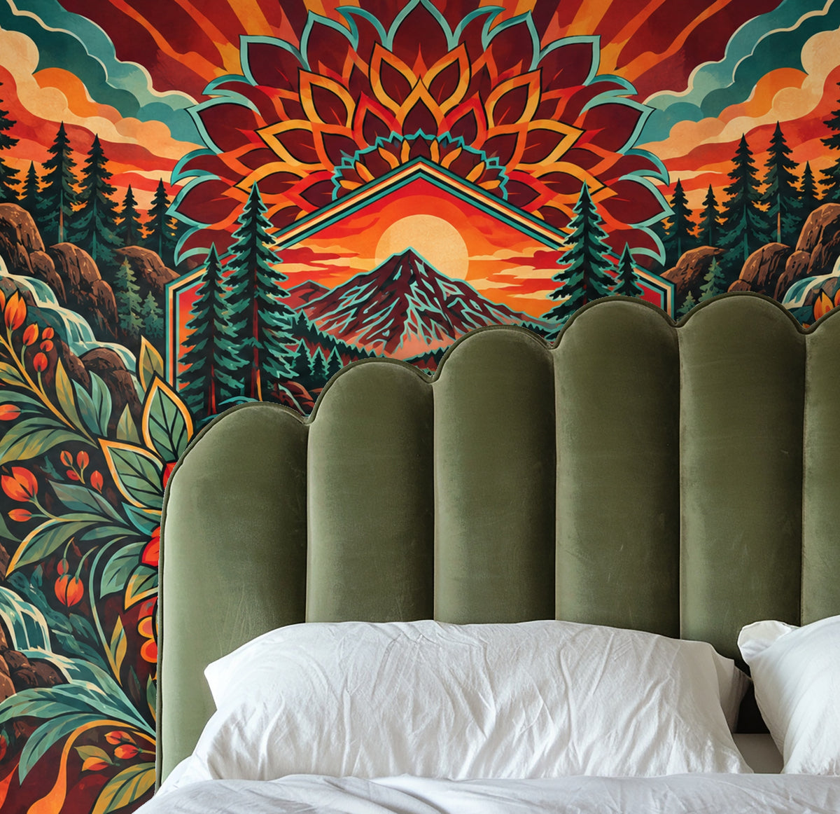 Close bedroom vignette with green scalloped headboard in front of the mural; visible pine trees, mountain and teal foliage
