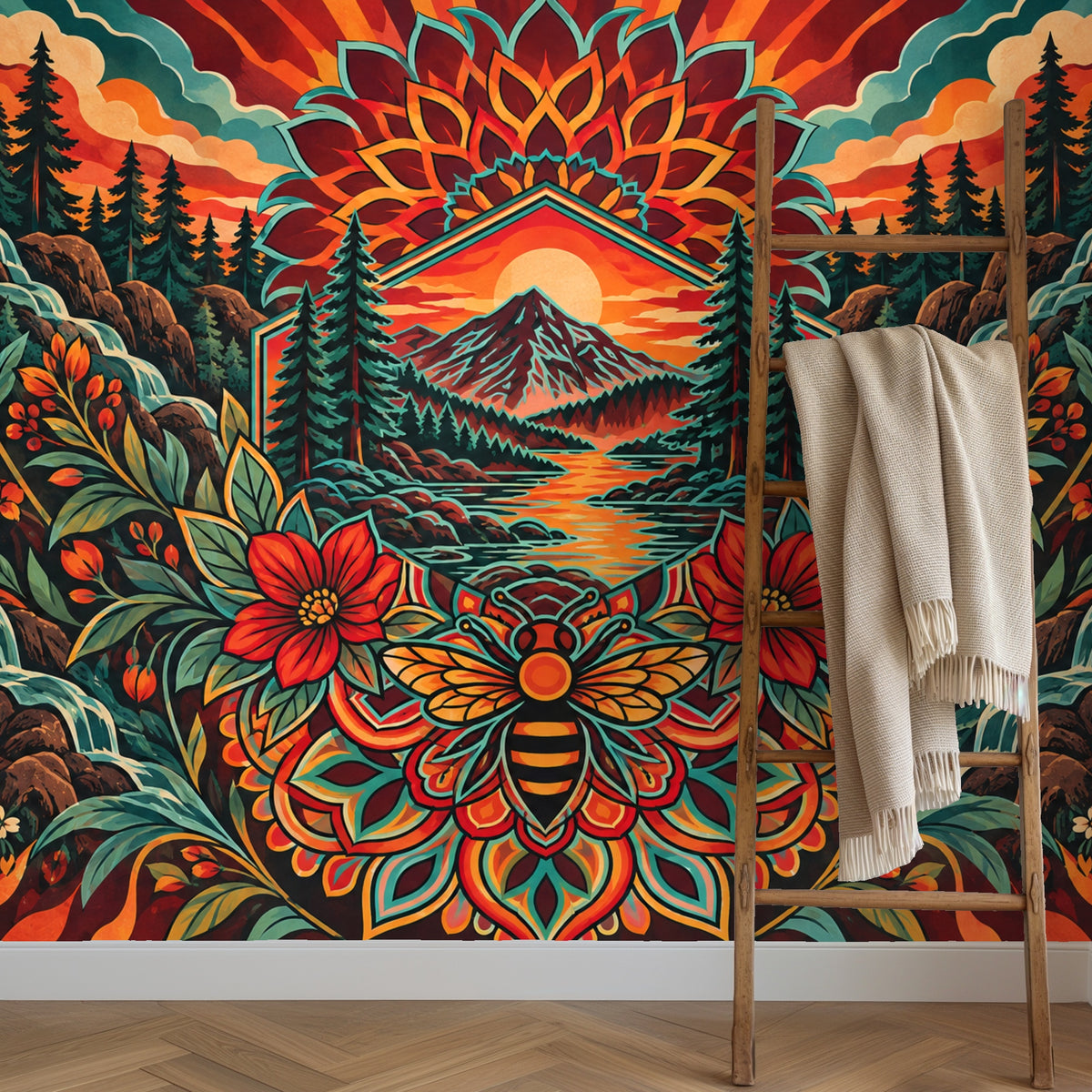 Detail crop of the mural’s central mandala and bee motif with surrounding flowers and layered sunburst in reds and golds
