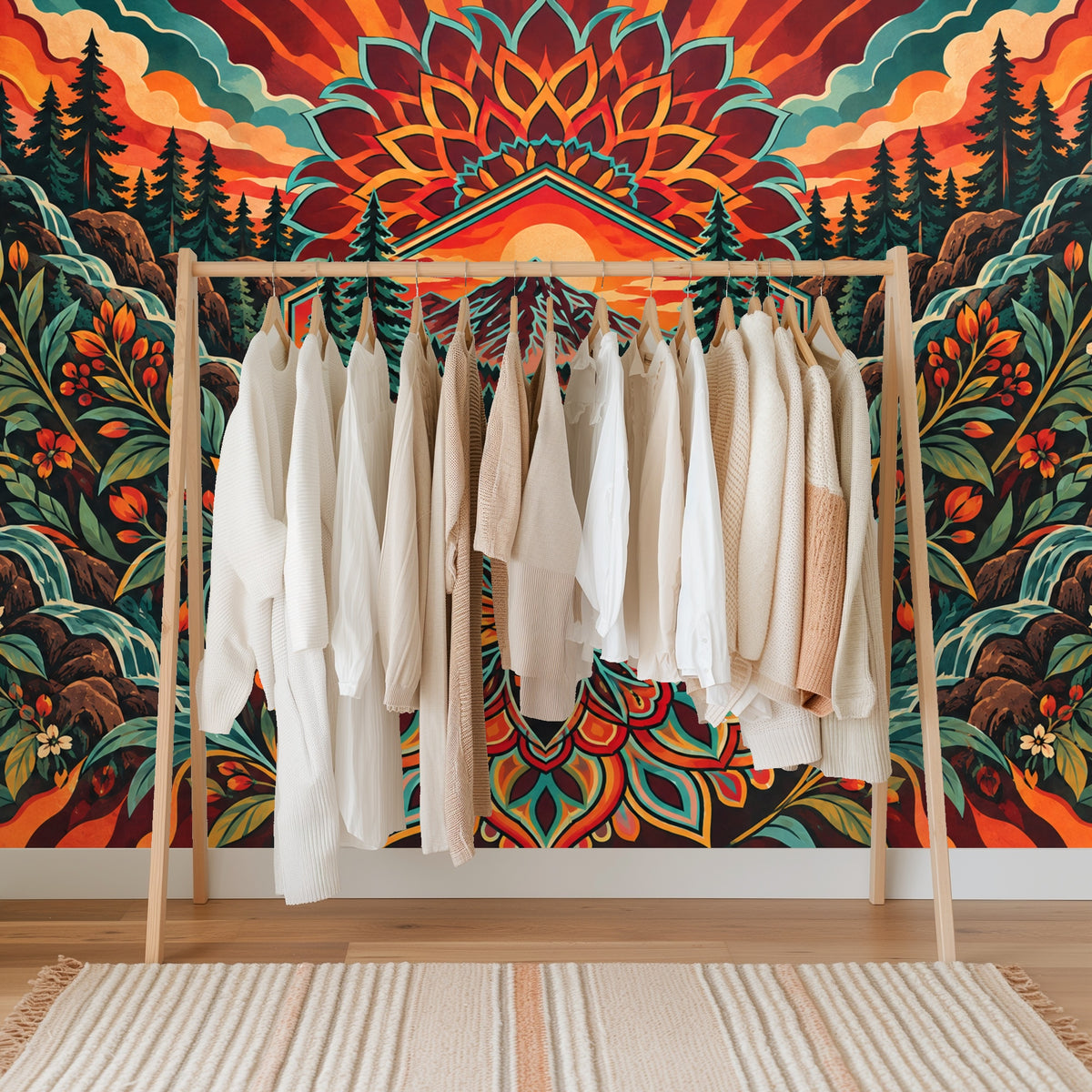 Tabletop perspective with a bowl of peaches in the foreground and the mural’s sunlit mountain and flora behind it