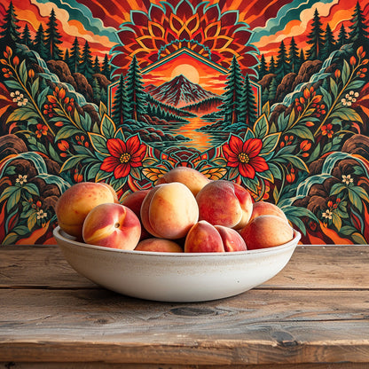 Playroom or nursery styling with three stuffed bears on a bench placed in front of the mural’s floral foreground and river scene