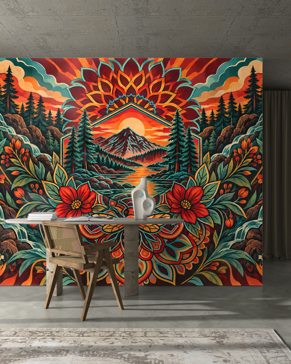 Full artwork view: stylized landscape mural with central sun, mountain, river, pine trees, floral motifs and a bee mandala in warm oranges,深