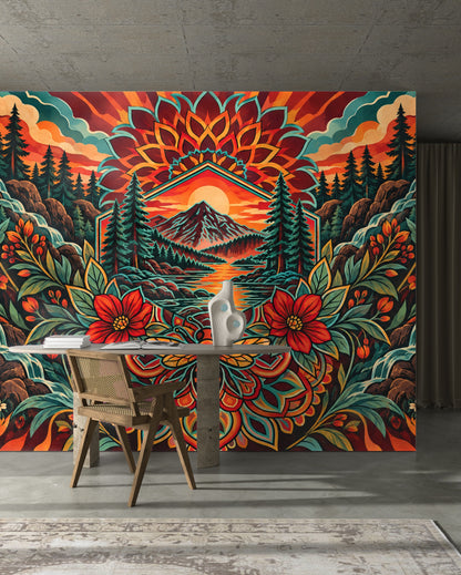 Full artwork view: stylized landscape mural with central sun, mountain, river, pine trees, floral motifs and a bee mandala in warm oranges,深