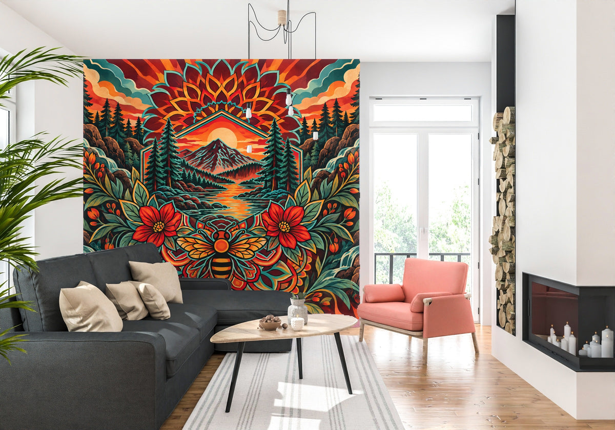 Living room shot showing the mural as a large feature wall behind a grey sectional and coral accent chair, sunburst and mandala centered