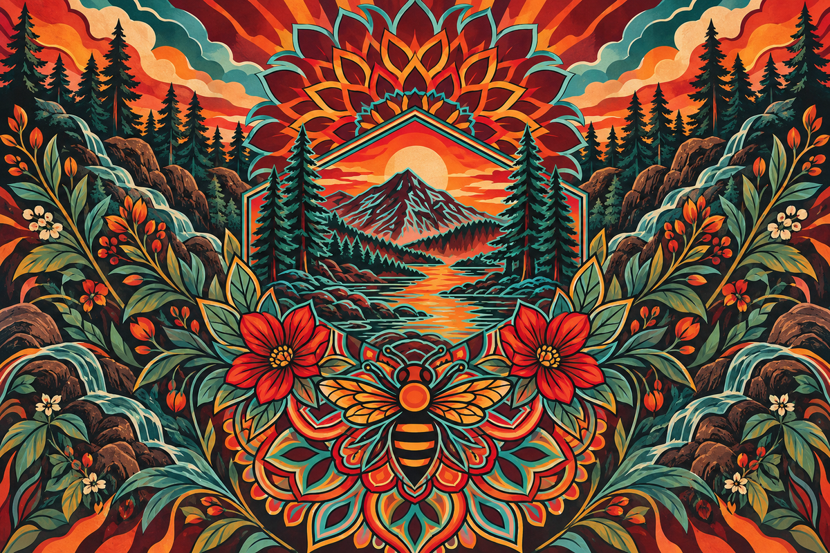 Straight-on gallery view of the mural showing the complete composition: sunburst, mountain, river, pine forest, bee and floral border
