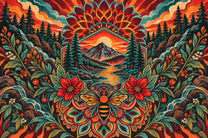 Straight-on gallery view of the mural showing the complete composition: sunburst, mountain, river, pine forest, bee and floral border
