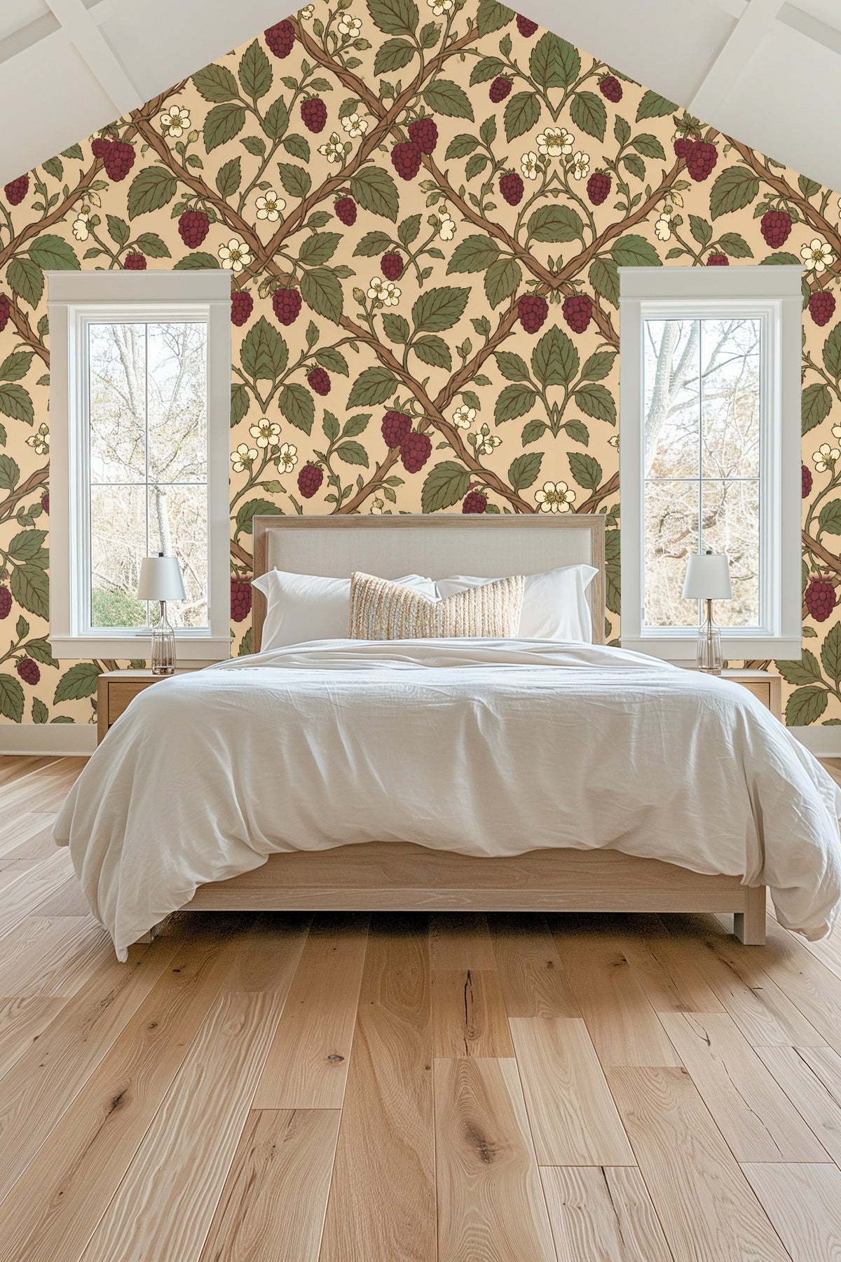 Living room wall covered in Mulberry Trellis wallpaper with wooden ladder and beige blanket.
