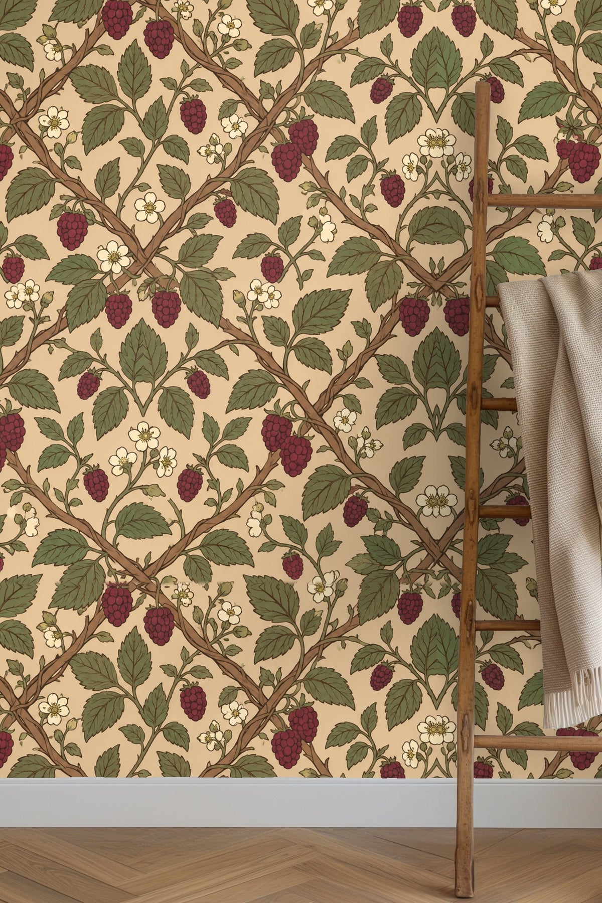 Detailed flat view of Mulberry Trellis wallpaper pattern with raspberry, leaves and lattice on beige.