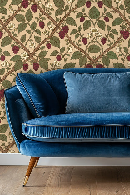 Naturalistic botanical illustration style in Mulberry Trellis wallpaper.